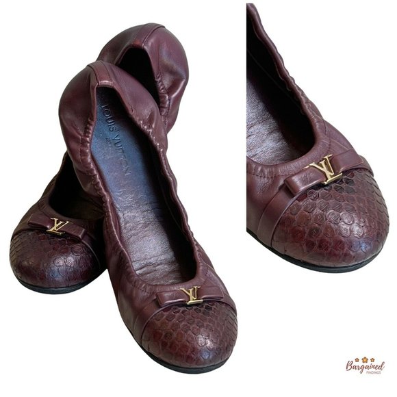 Authentic Louis Vuitton Maroon Leather Reptile Toe Bow Scrunch Ballet Flats 8 - Picture 11 of 13